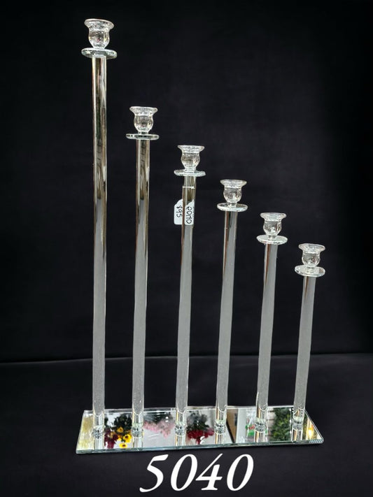 Tall Clear Glass Candlestick Candle Holder Set on Mirror Base – Model 5040